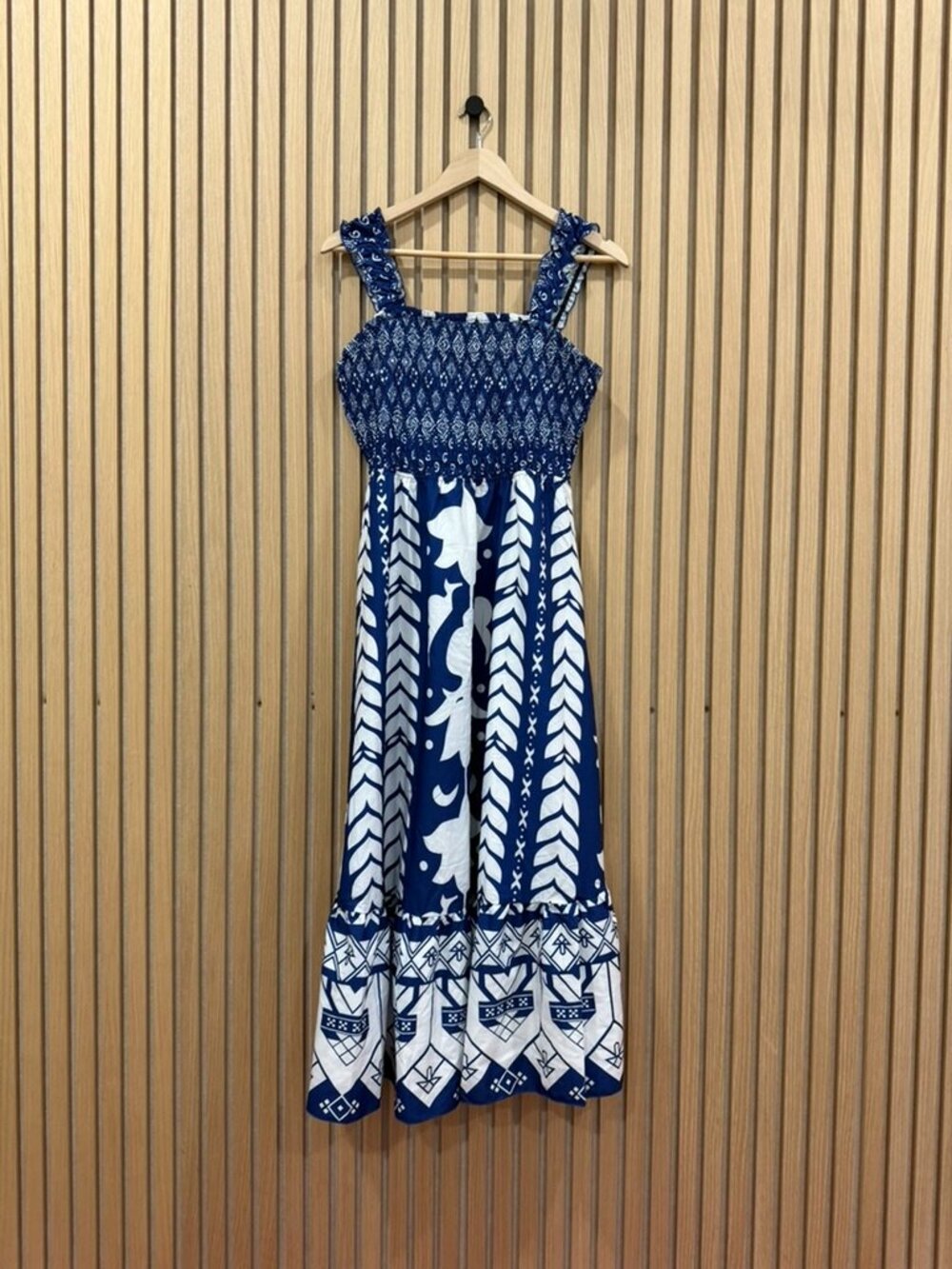 Blue & White Patterned Smocked Maxi Dress